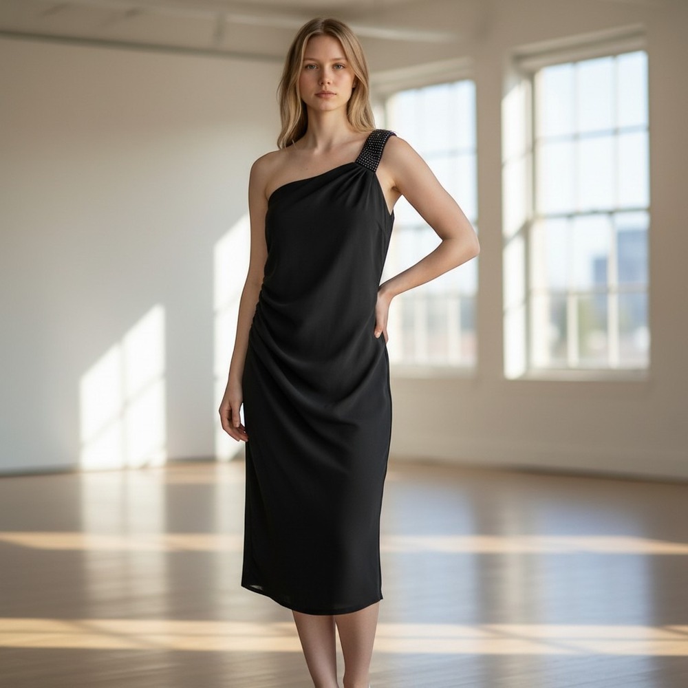 Black Label by Evan Picone Black Embellished Shoulder Ruched Sheath Dress Size 8